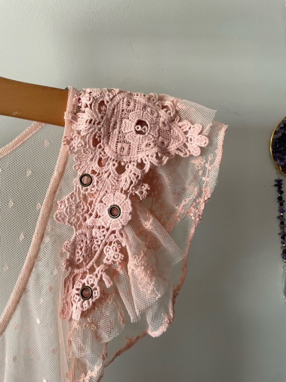 Double Zero Lace Crochet Pink Cotton Swiss Dot Peplum Top Boho Coquette Sheer - Picture 7 of 8